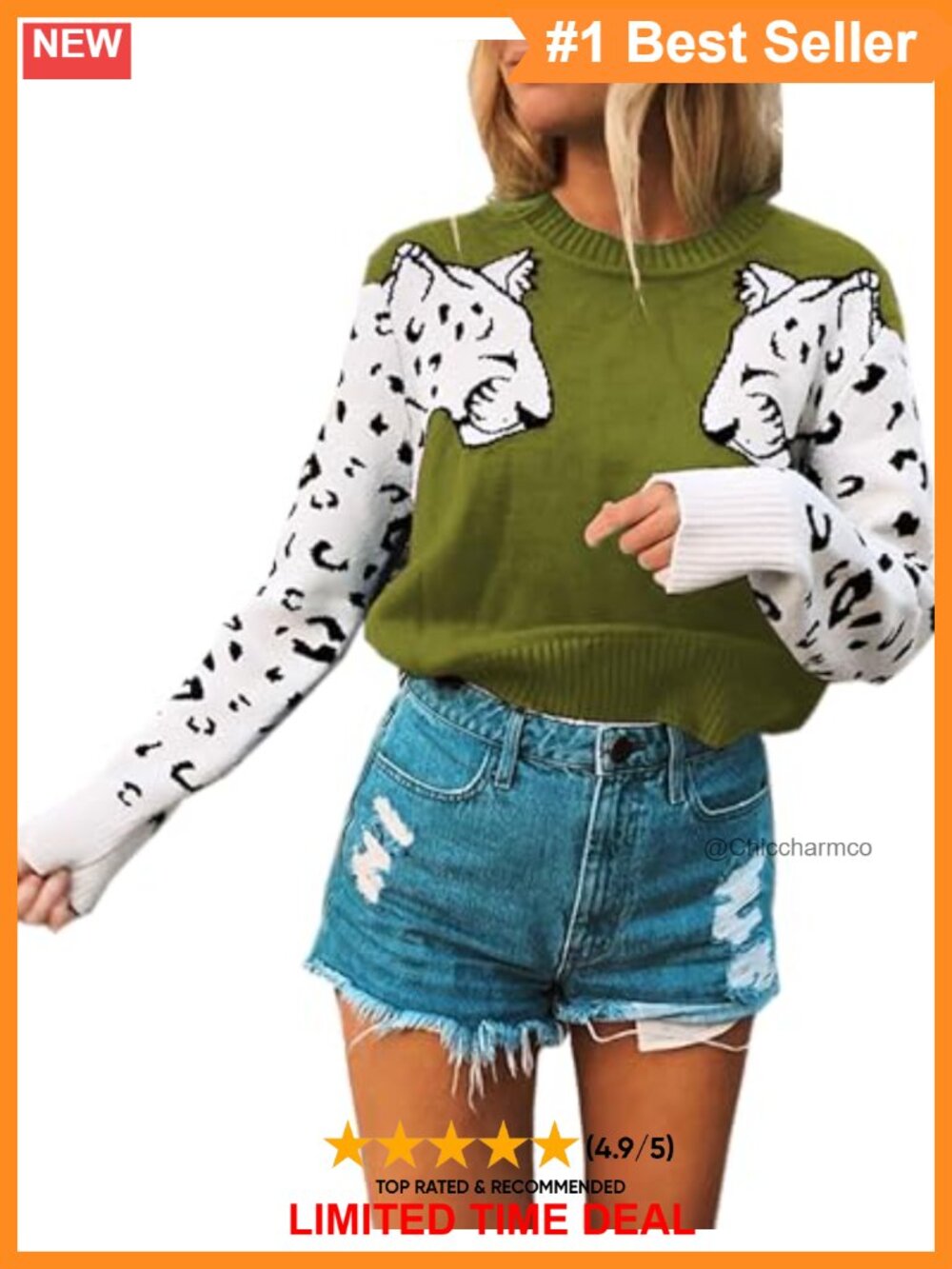 Mansy Cotton Nylon Leopard Print Knitted Pullover Sweater Crew Neck
